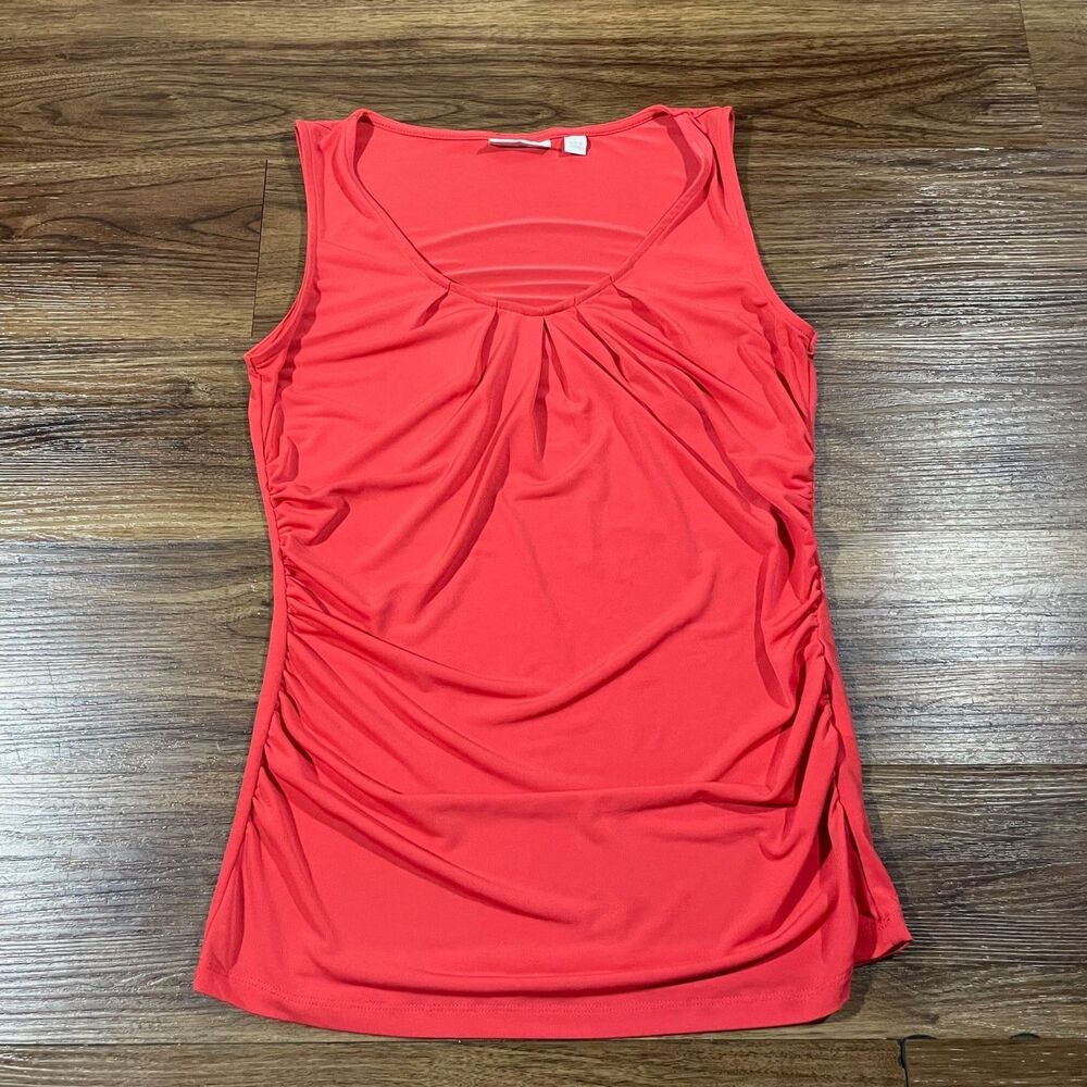 New York & Company Stretch Shirt Orange Sleeveless V Neck Ruched Sides Women's S